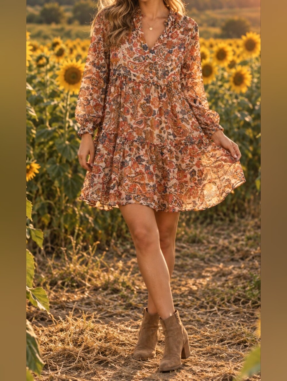 1.STATE Boho Fall Paisley Floral Tiered Long Sleeve Dress Women’s M
